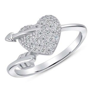 Silver 925 Rhodium Plated Micro Pave Cubic Zirconia Arrow Heart w/ Arrow Ring